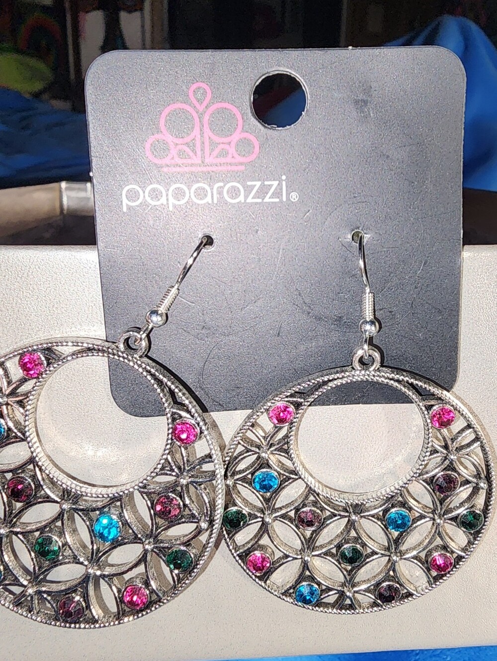 Paparazzi Silver Multi-Stone Floral Hoop Earrings - Pink Blue Green